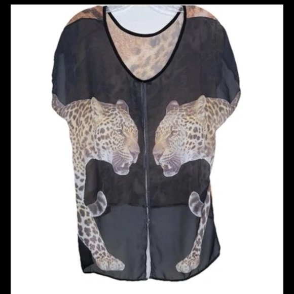Love J Women’s Semi-Sheer Leopard Cheetah Print-Lo Top M Tan Black Short All - Picture 6 of 16